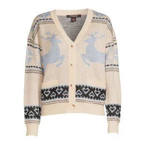 Cardigan XL Deer Fair Isle Button Front Cream Blue Boyfriend Knit Top Pockets
